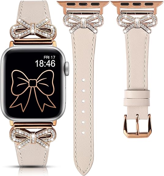 TOYOUTHS Bow Leather Band Compatible with Apple Watch Band 38mm 40mm 41mm 42mm 44mm 45mm 49mm Women, Top Grain Leather Strap Thin Slim Dressy Band for iWatch Ultra SE Series 9 8 7 6 5 4 3 2 1